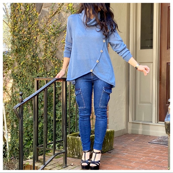 chic side button trim cowl neck knit tunic - Picture 4 of 13